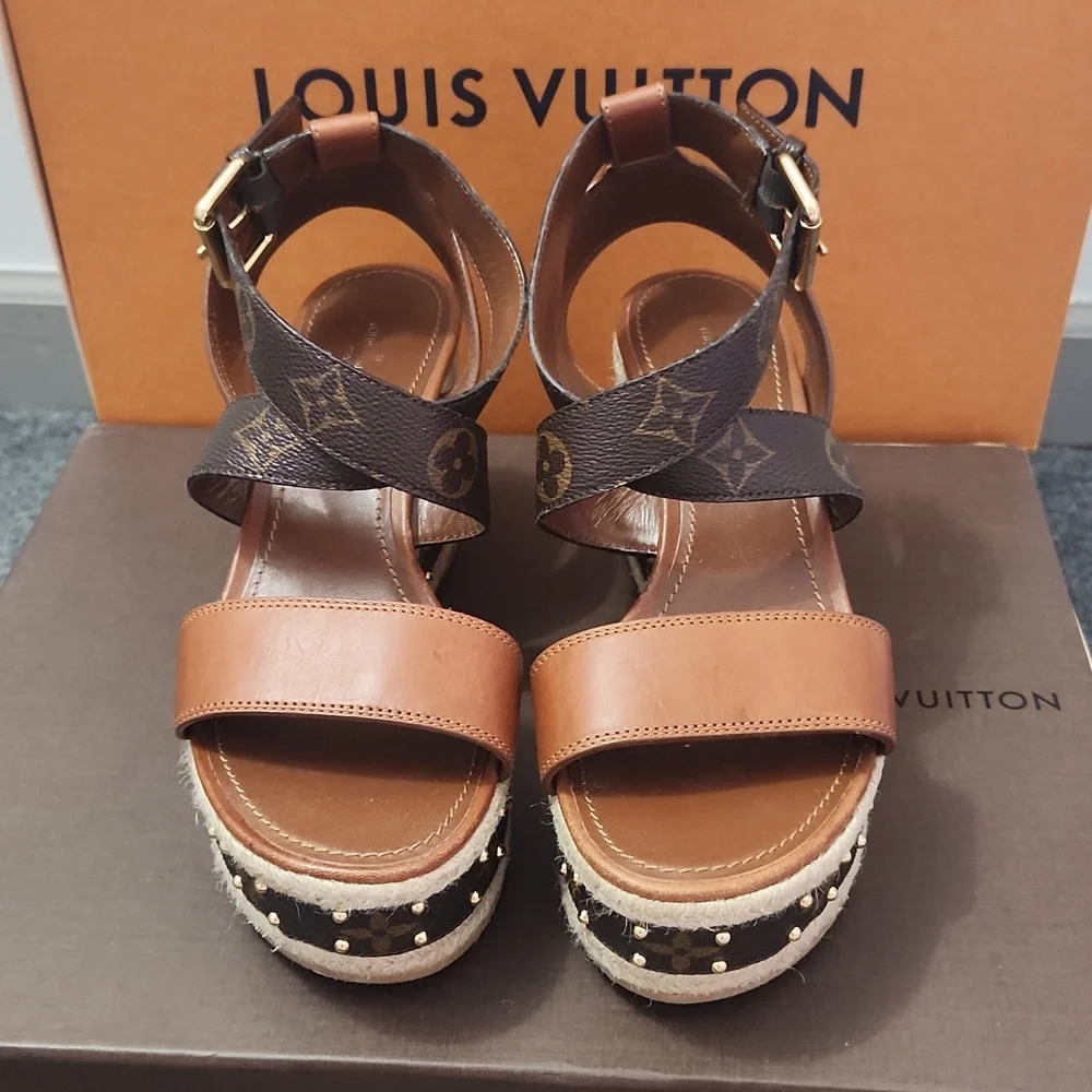 Louis Vuitton Brown Monogram Leather Platform Espadrille Sandals